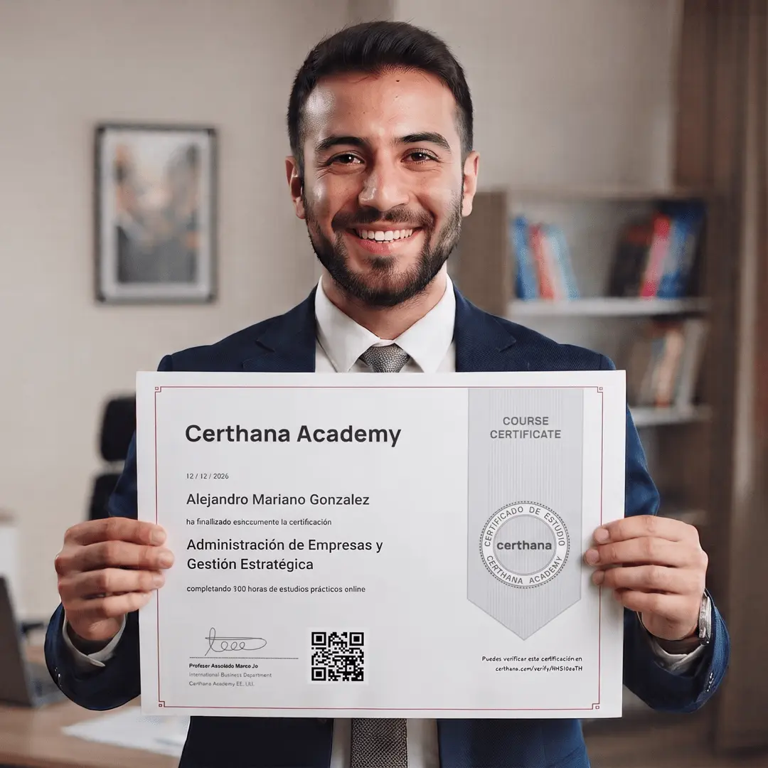 Ejemplo de Certificado Online de Certhana Academy para Administración, verificable internacionalmente