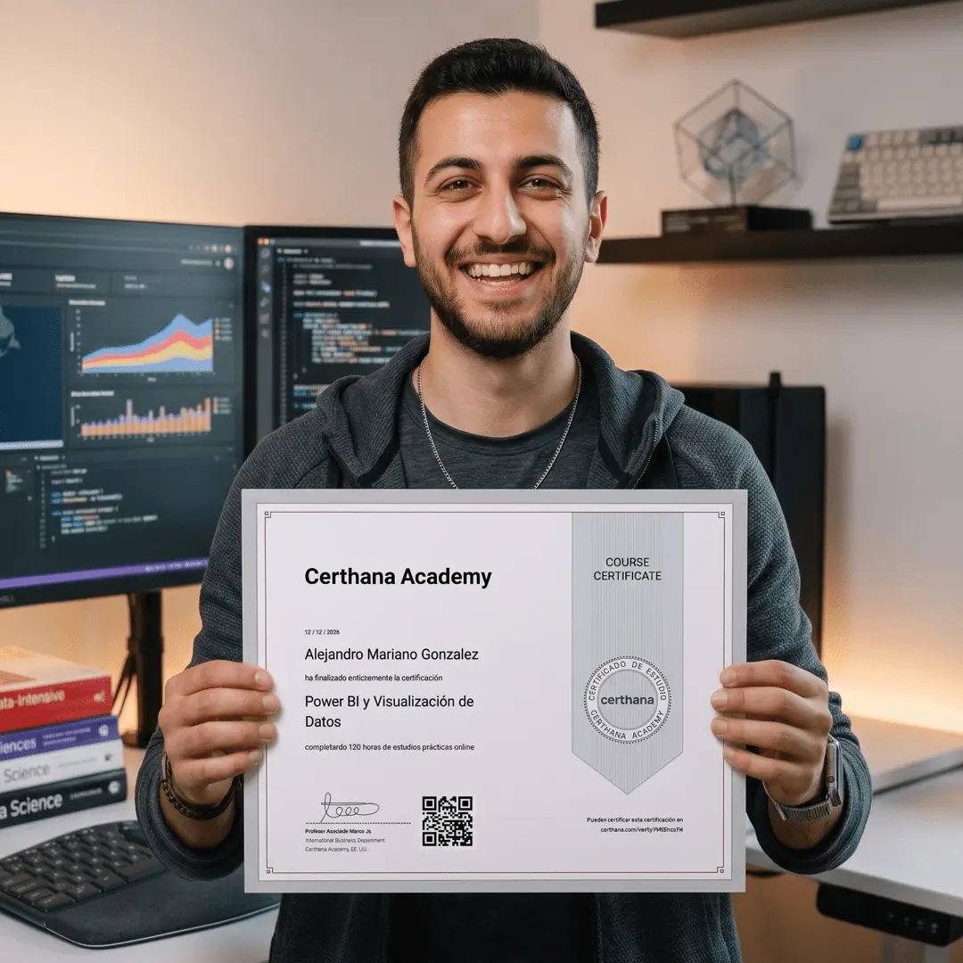 Ejemplo de Certificado Online de Certhana Academy para Business Intelligence, verificable internacionalmente