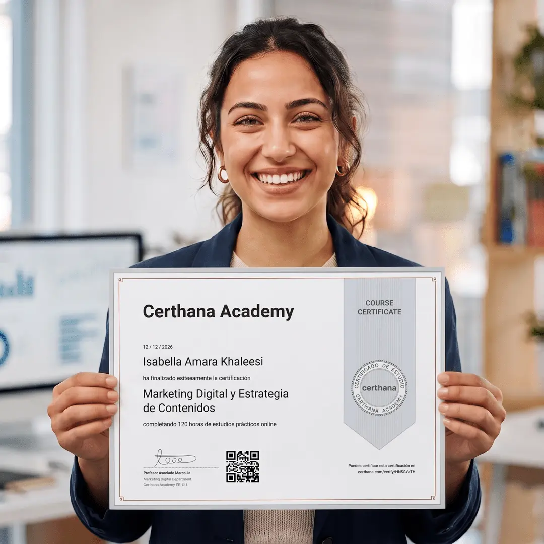 Ejemplo de Certificado Online de Certhana Academy para Marketing, verificable internacionalmente