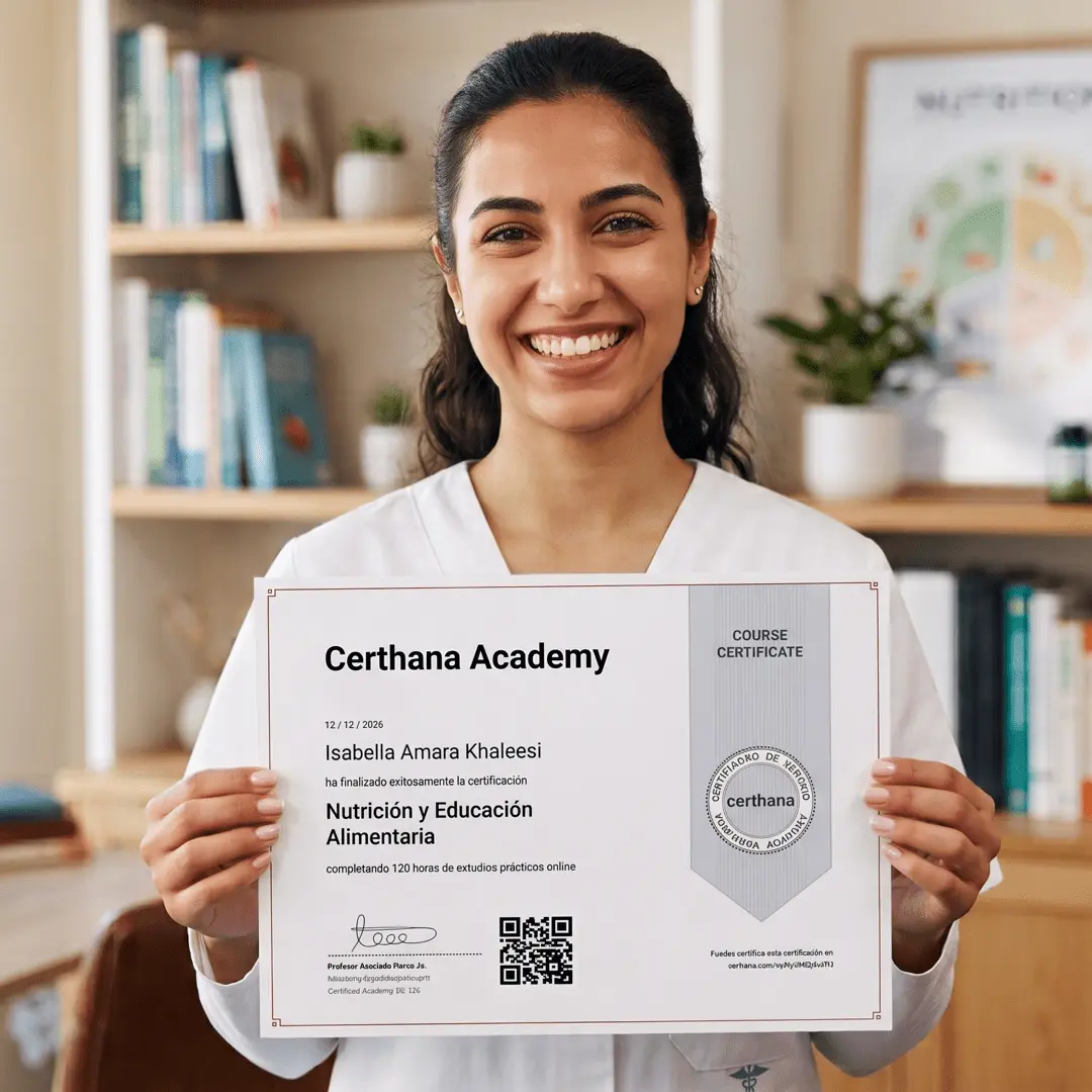 Ejemplo de Certificado Online de Certhana Academy para Nutrición, verificable internacionalmente