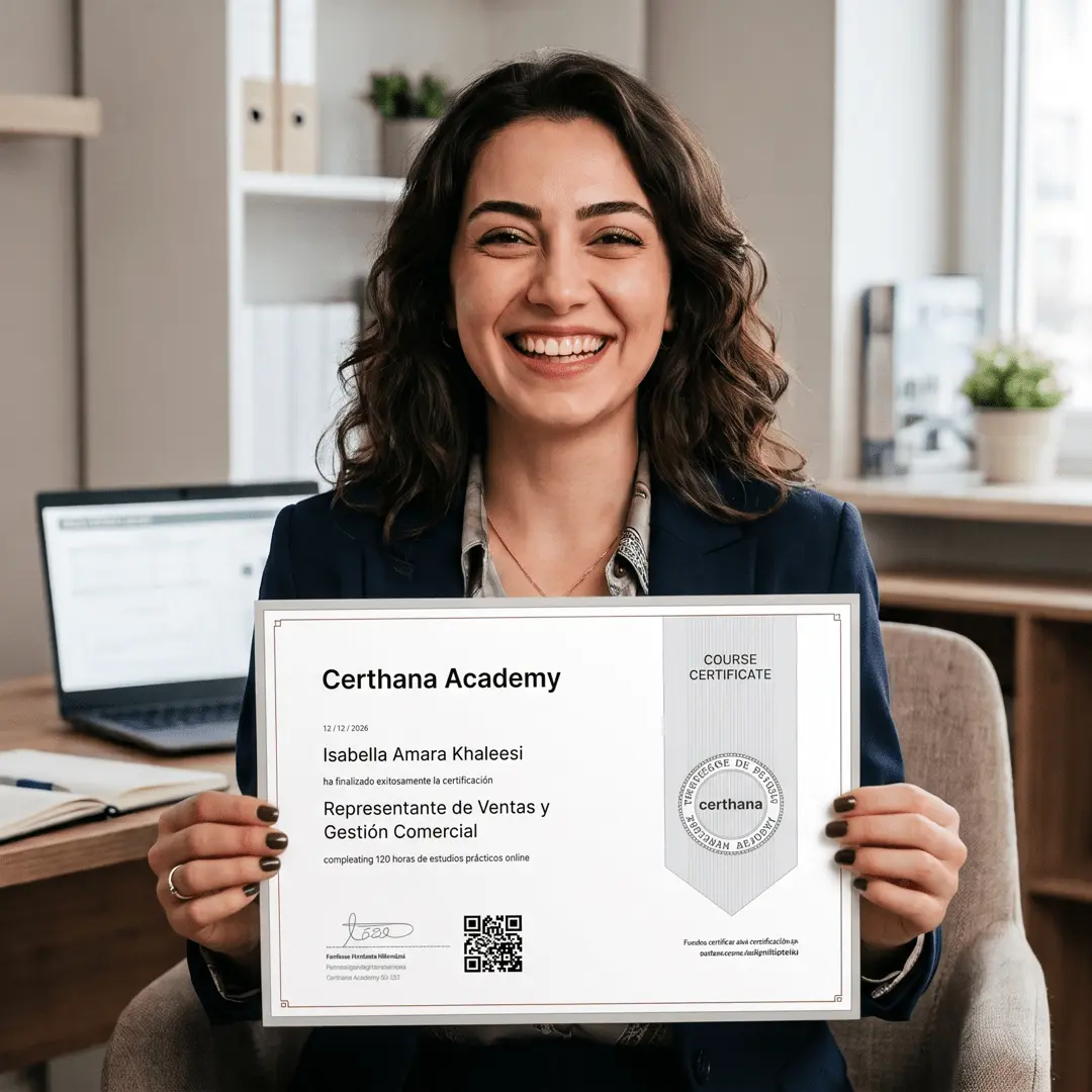 Ejemplo de Certificado Online de Certhana Academy para Ventas, verificable internacionalmente