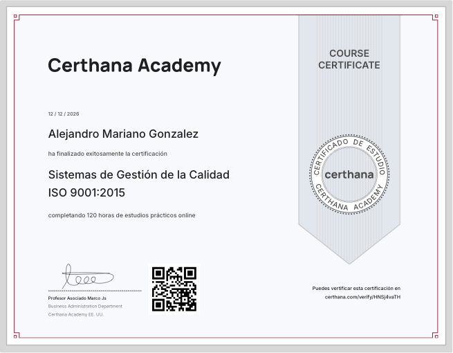 Certificado oficial de Sistemas de Gestión de la Calidad ISO 9001:2015 emitido por Certhana Academy