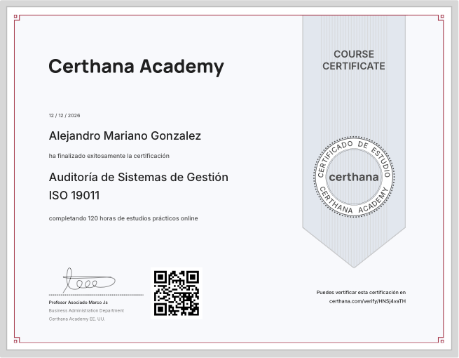 Certificado oficial de Auditoría de Sistemas de Gestión ISO 19011 emitido por Certhana Academy