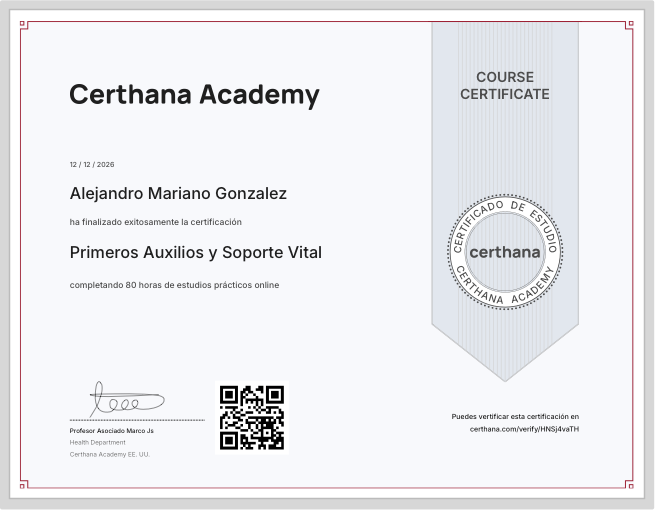 Certificado oficial de Primeros Auxilios y Soporte Vital emitido por Certhana Academy