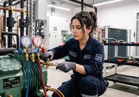 Componentes de un sistema de refrigeración: compresor, condensador, válvula y evaporador