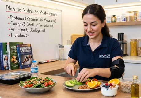Nutrición en lesiones deportivas: qué cambia en cada fase de la recuperación y cómo coordinarla con el fisioterapeuta