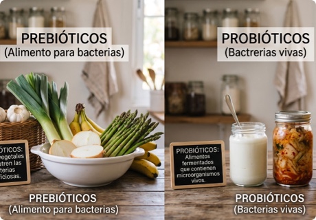 Diferencia entre prebióticos y probióticos (y qué son simbióticos y postbióticos)